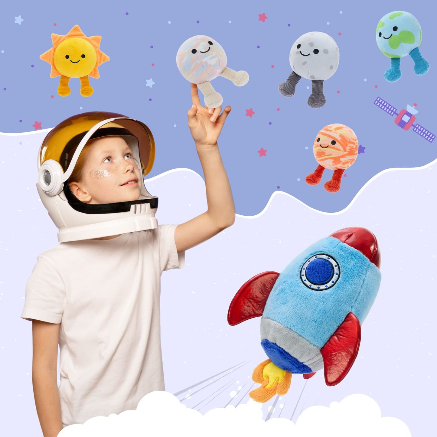 Kids space plush toy set featuring rocket and solar system characters