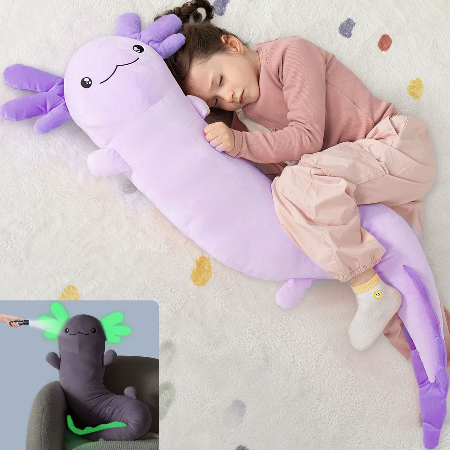 Giant Cozy Axolotl Long Throw Pillow, Red/Pink/Mint Green/Blue, 48 Inches