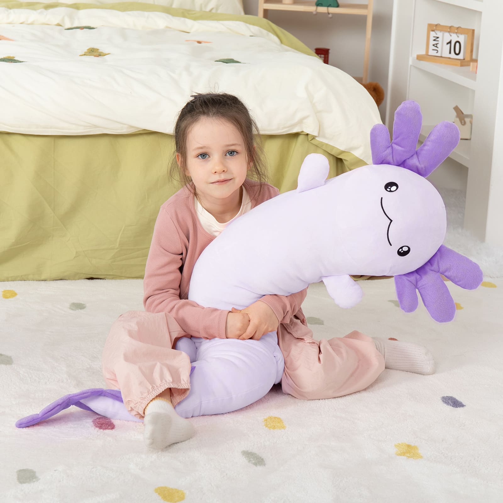 Giant Cozy Axolotl Long Throw Pillow, Red/Pink/Mint Green/Blue, 48 Inches