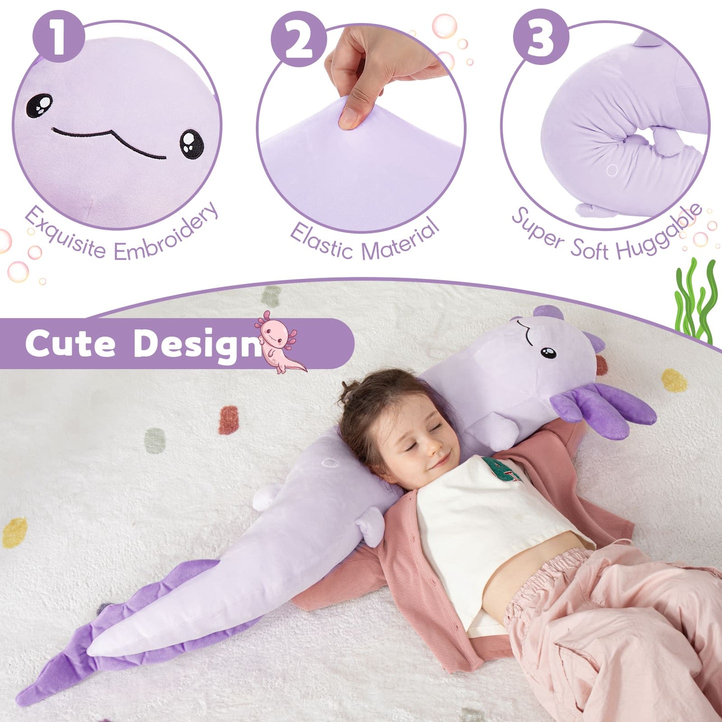 Child lying on a plush purple creature toy with product features highlighted.