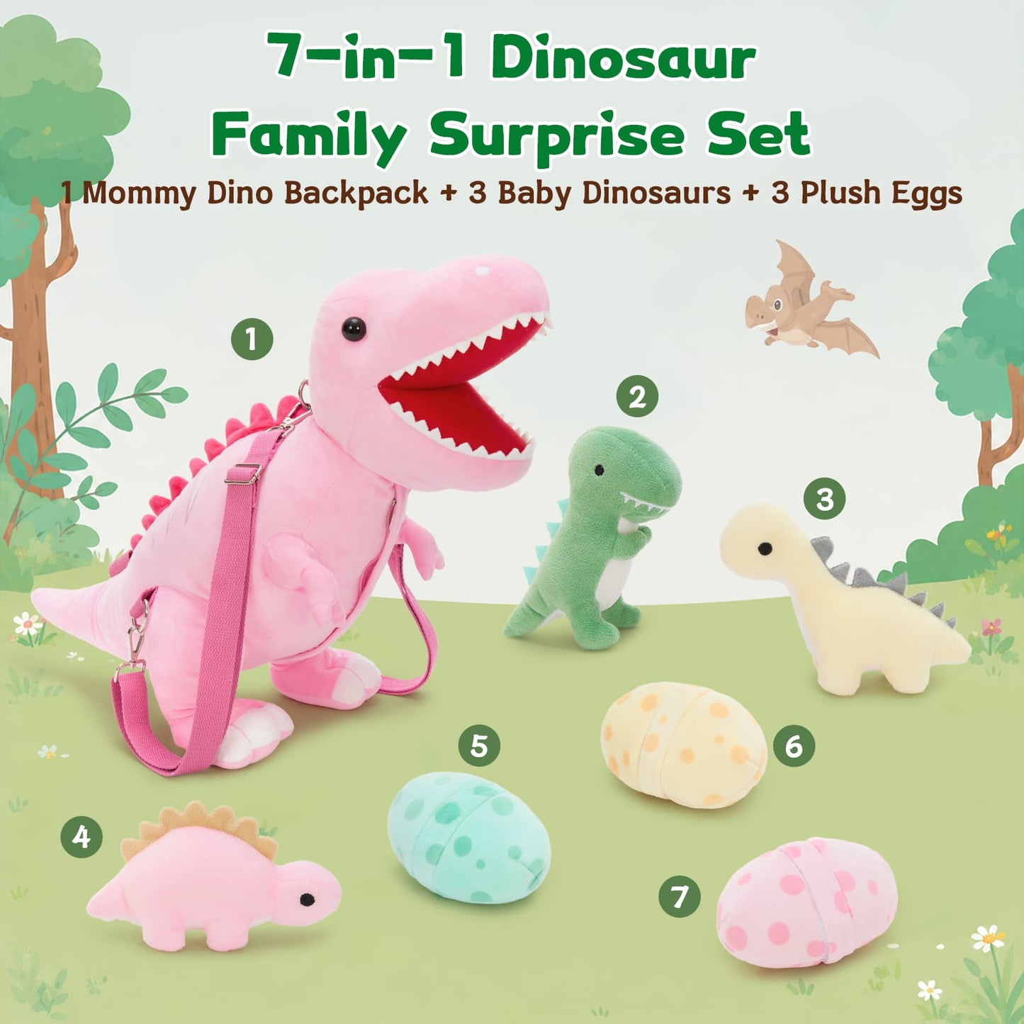 Kids pink dinosaur backpack made from soft plush fabric, adorable stuffed animal school bag for girls and boys