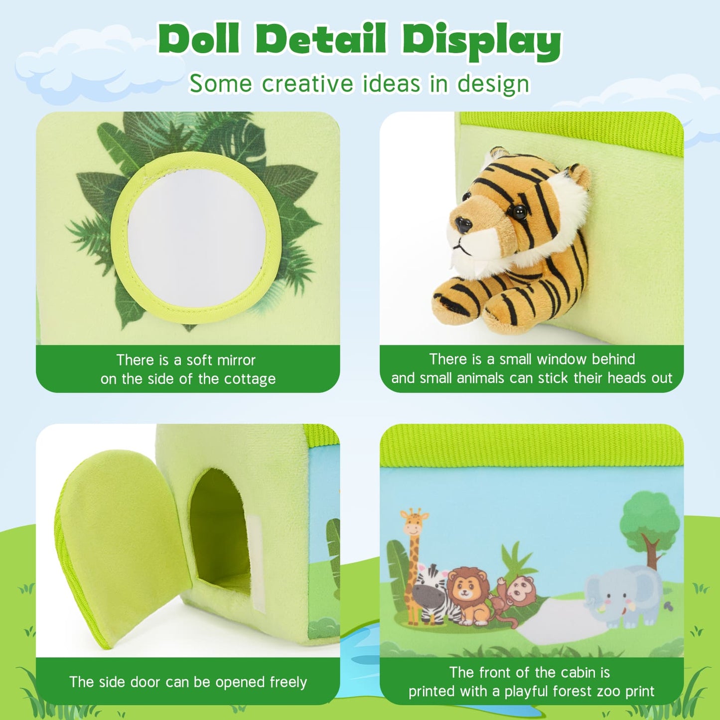 Educational safari animal plush playset designed for toddlers, featuring six soft stuffed animals and a convenient storage playhouse for easy organization.