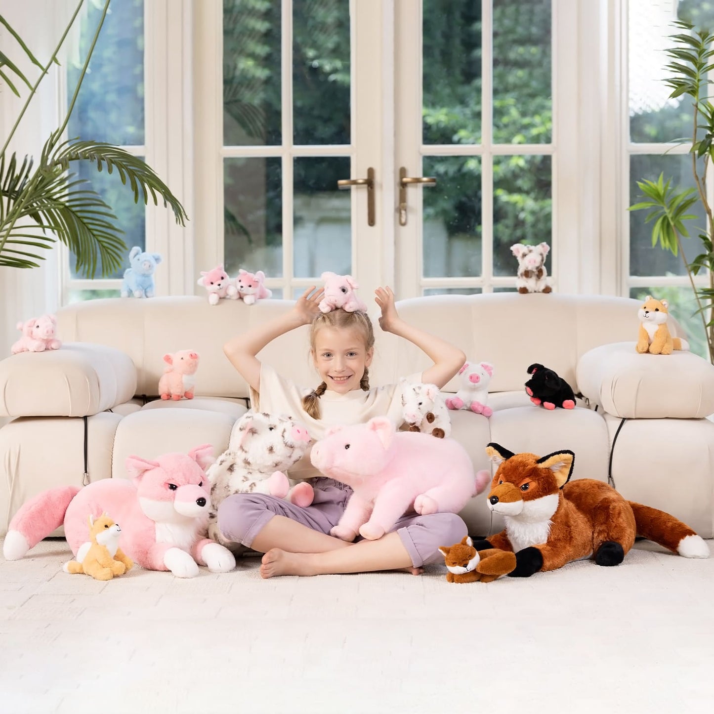 4 Pcs Jungle Pink Fox Stuffed Animals, 22 Inches - Simulation Fox Plush Toys - Fox Baby Stuffed Animals with Their Mom - Christmas/Birthday Gift for Kids Teens Adults - Stuffed Animal Collection