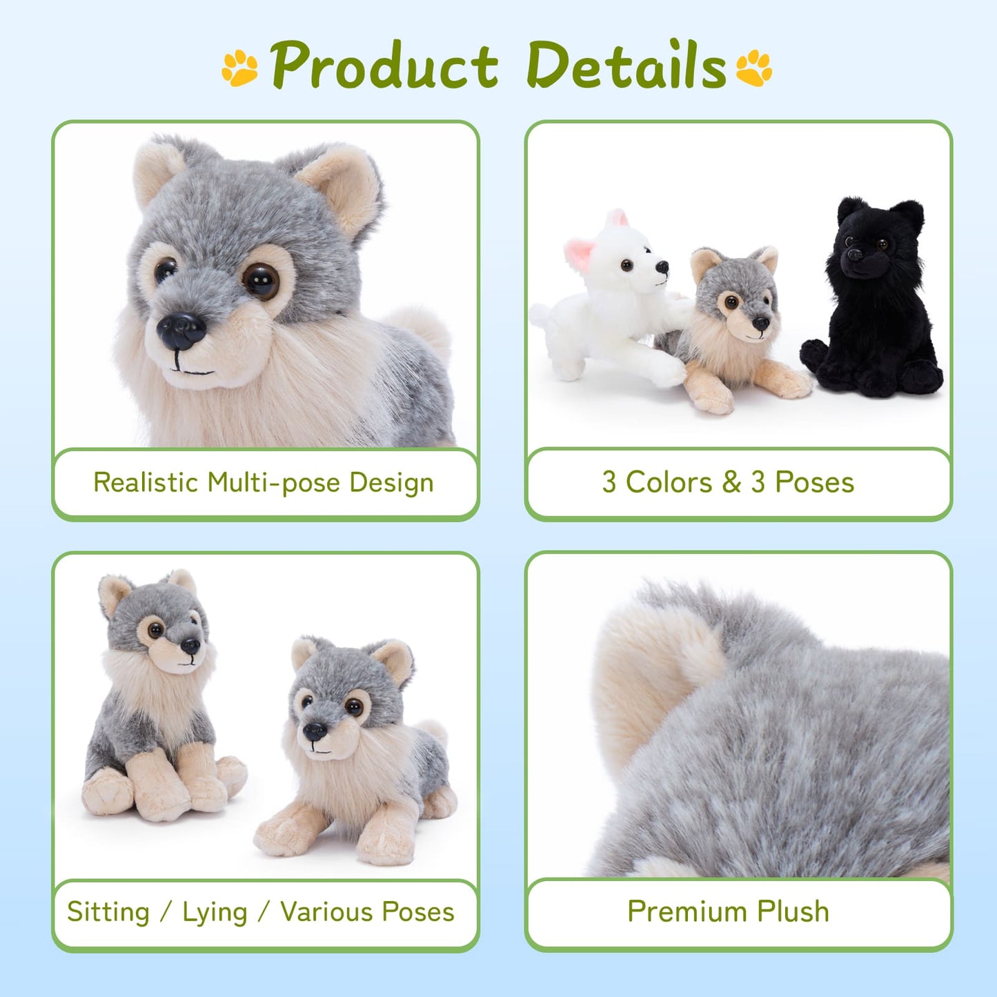 Close-up of a soft 10-inch wolf plush toy from a six-piece set, featuring realistic gray and white fur, cute facial expression, and fluffy texture designed for kids’ cuddling and bedroom decoration.