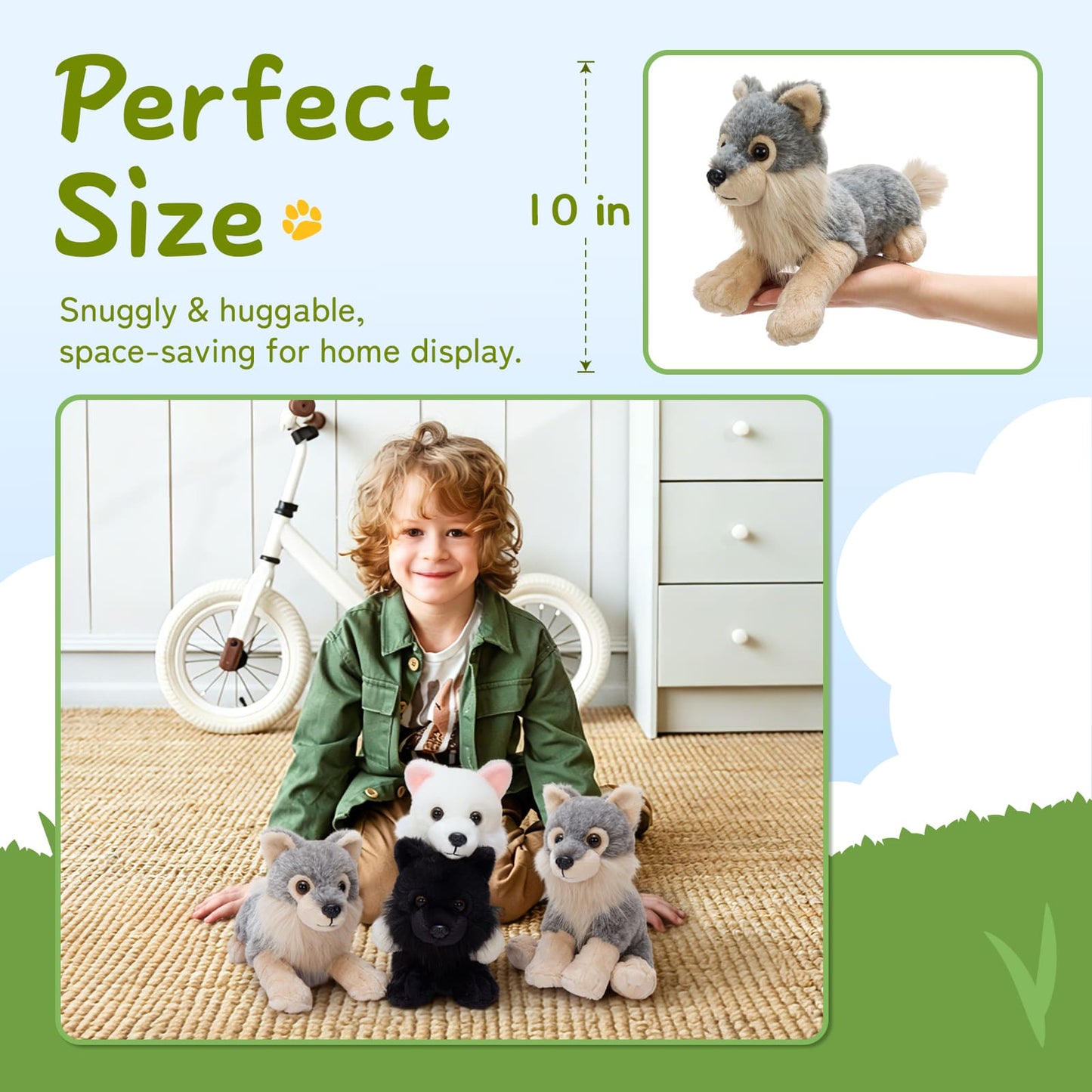 A set of six adorable wolf stuffed animal plush toys in different poses, made with ultra-soft fabric and child-safe materials, perfect for kids’ gifts, nursery decor, and animal-themed play collections.
