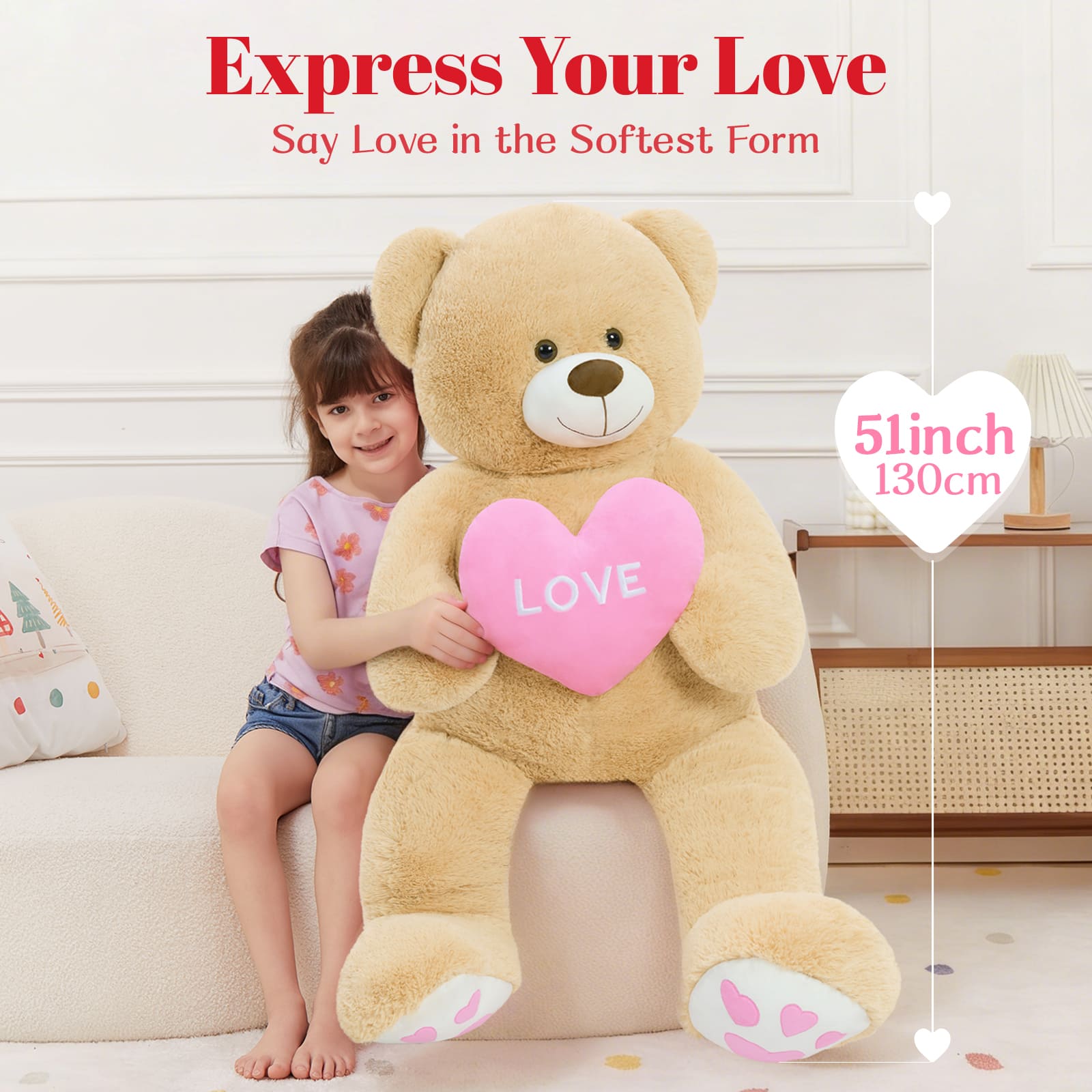 Teddy Bear Love Valentine's Day Gift, Light Brown, 51 Inches