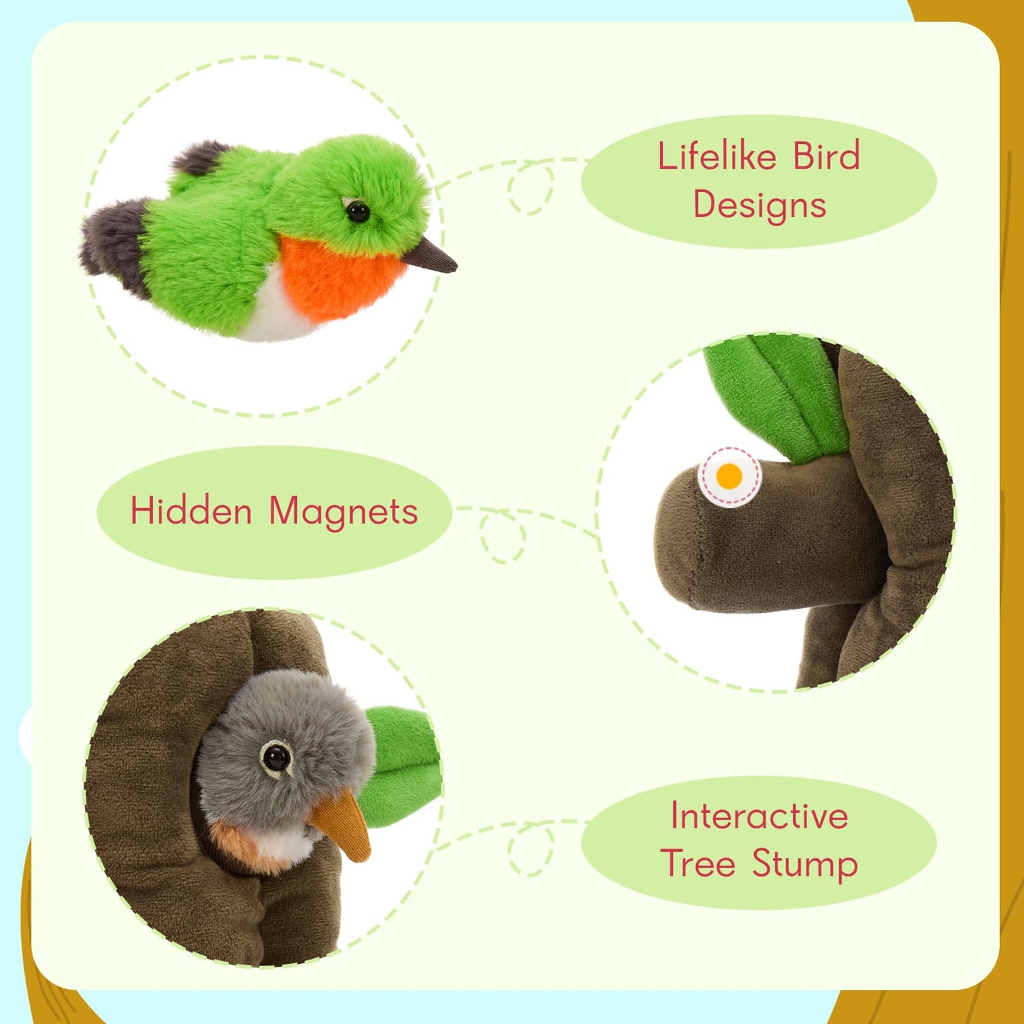 Bird and egg plush toys hiding inside soft tree stump holes for peekaboo play.