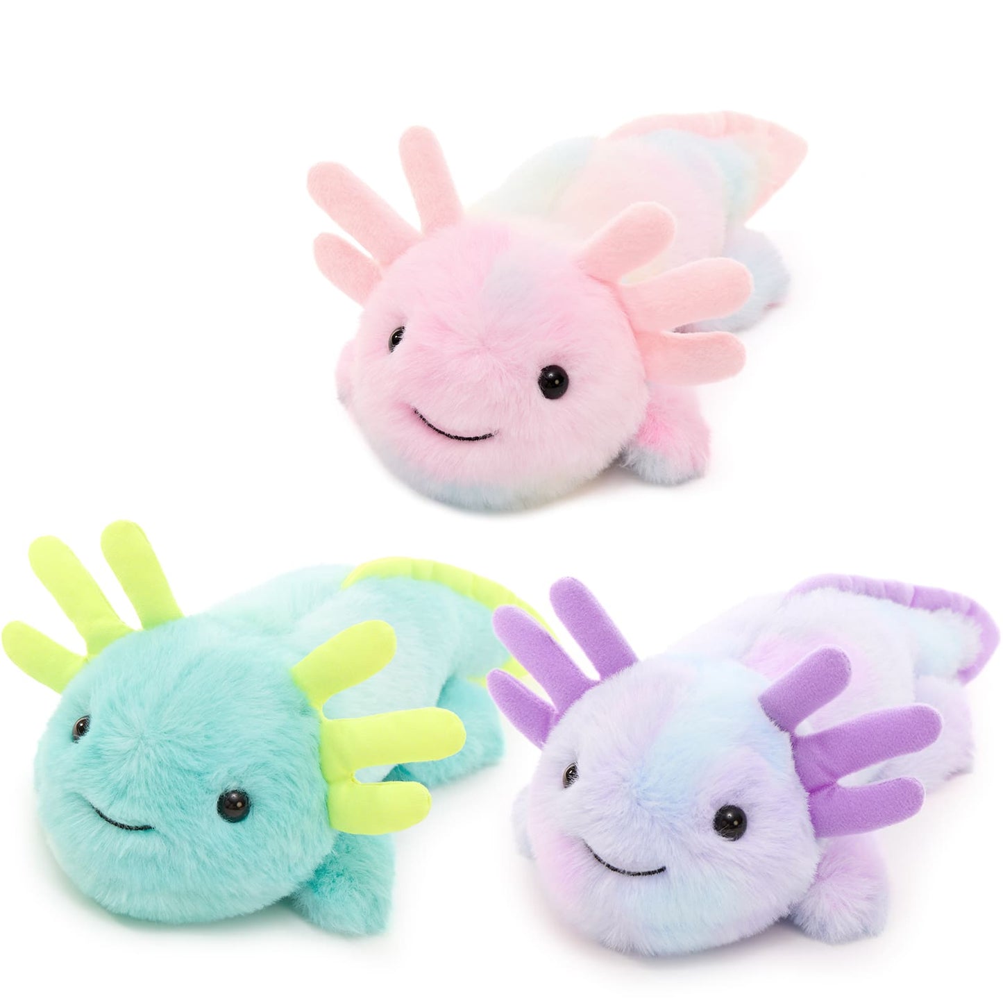Three Colorful Axolotl Plush Toys - Travel Friendly Salamander Stuffed Animals
