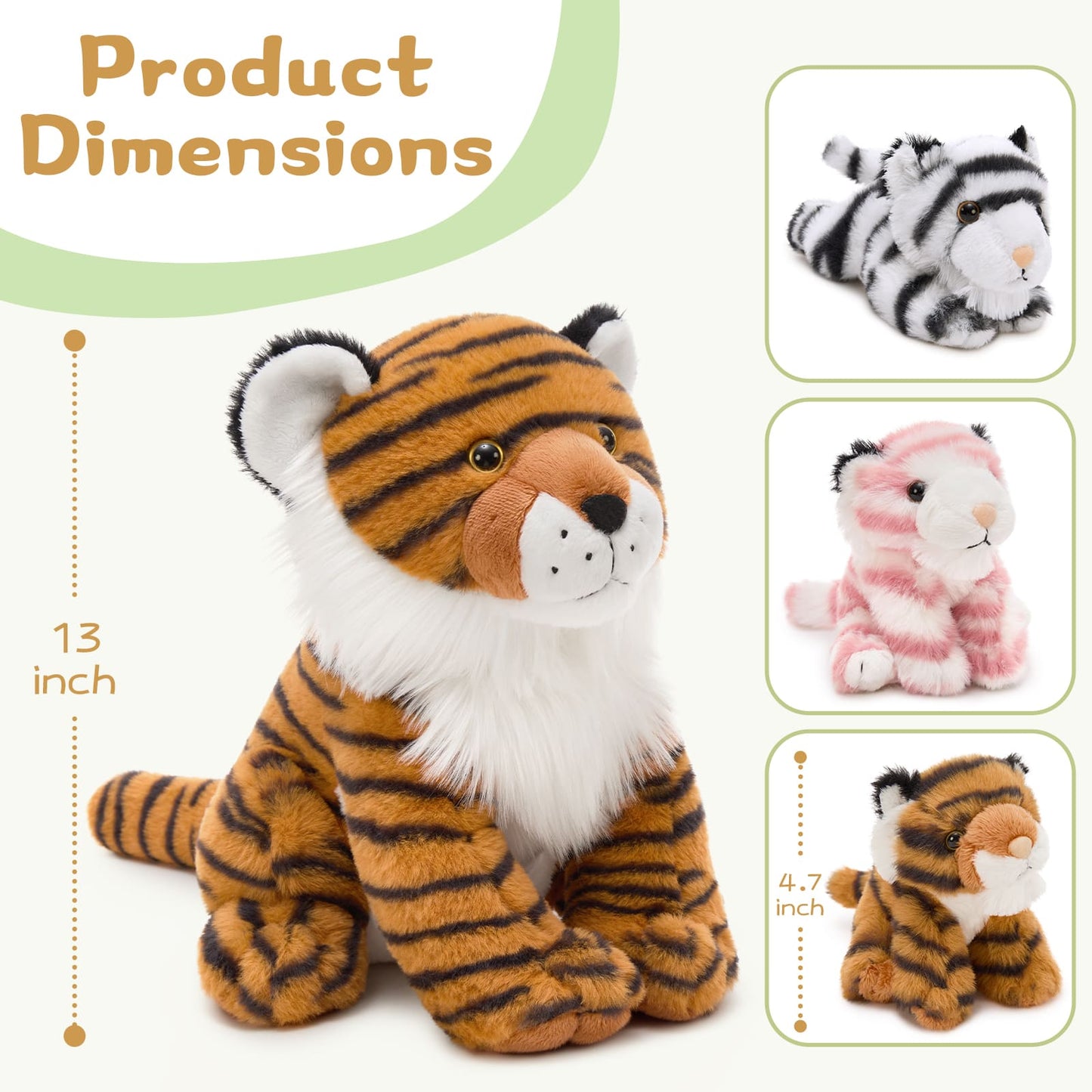 Cute Tiger Plush Toy Set with oversized tiger stuffed animal and mini plush animal friends, made from ultra-soft premium fabric for cuddling, playtime, nursery decoration, children's bedrooms, Christmas gifts, and safari-themed collections.