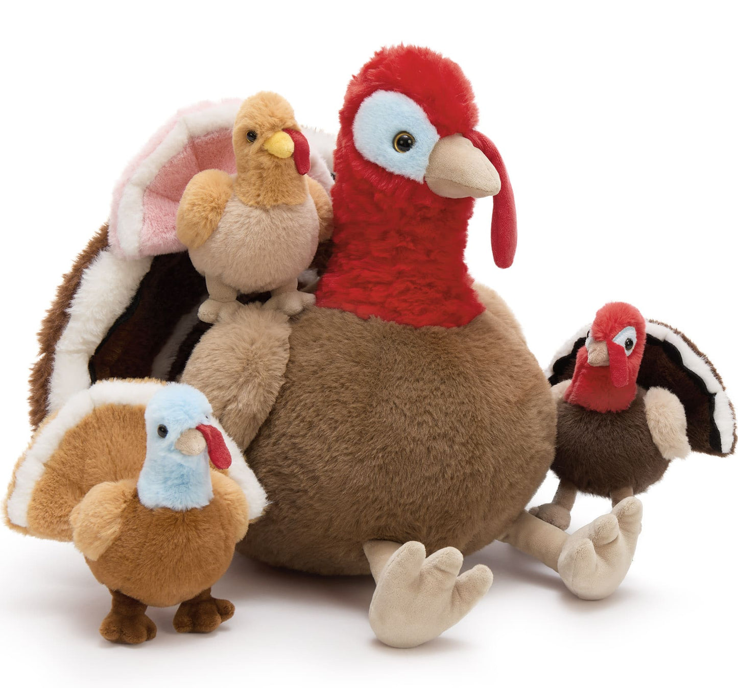 Turkey Squad plush set with one large turkey and three small baby turkey stuffed toys, soft and cuddly, perfect for Thanksgiving or gift giving.