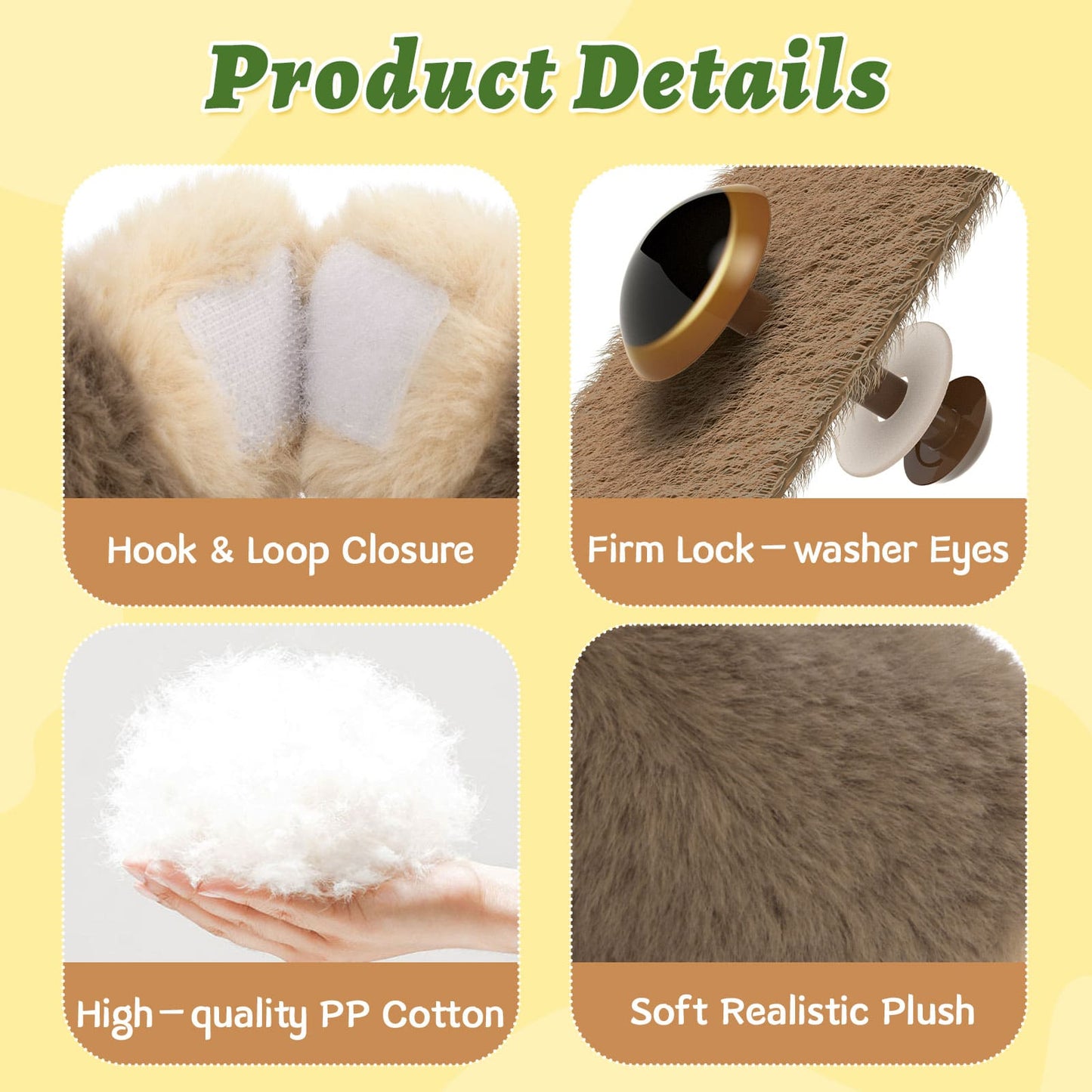 Product details of a plush toy with hook and loop closure, firm lock washer eyes, high-quality PP cotton, and soft realistic plush texture on a yellow background.