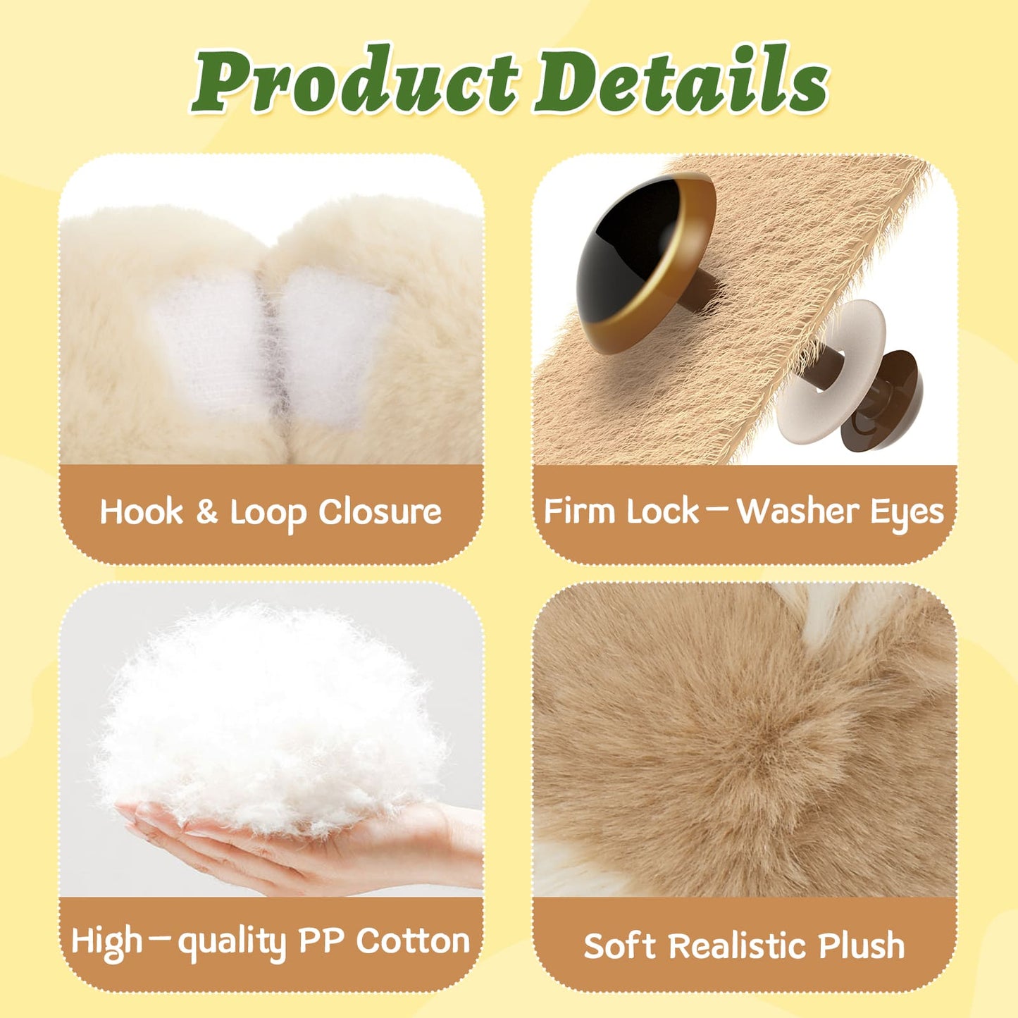 Product details of a plush toy with hook and loop closure, firm lock washer eyes, high-quality PP cotton, and soft realistic plush.