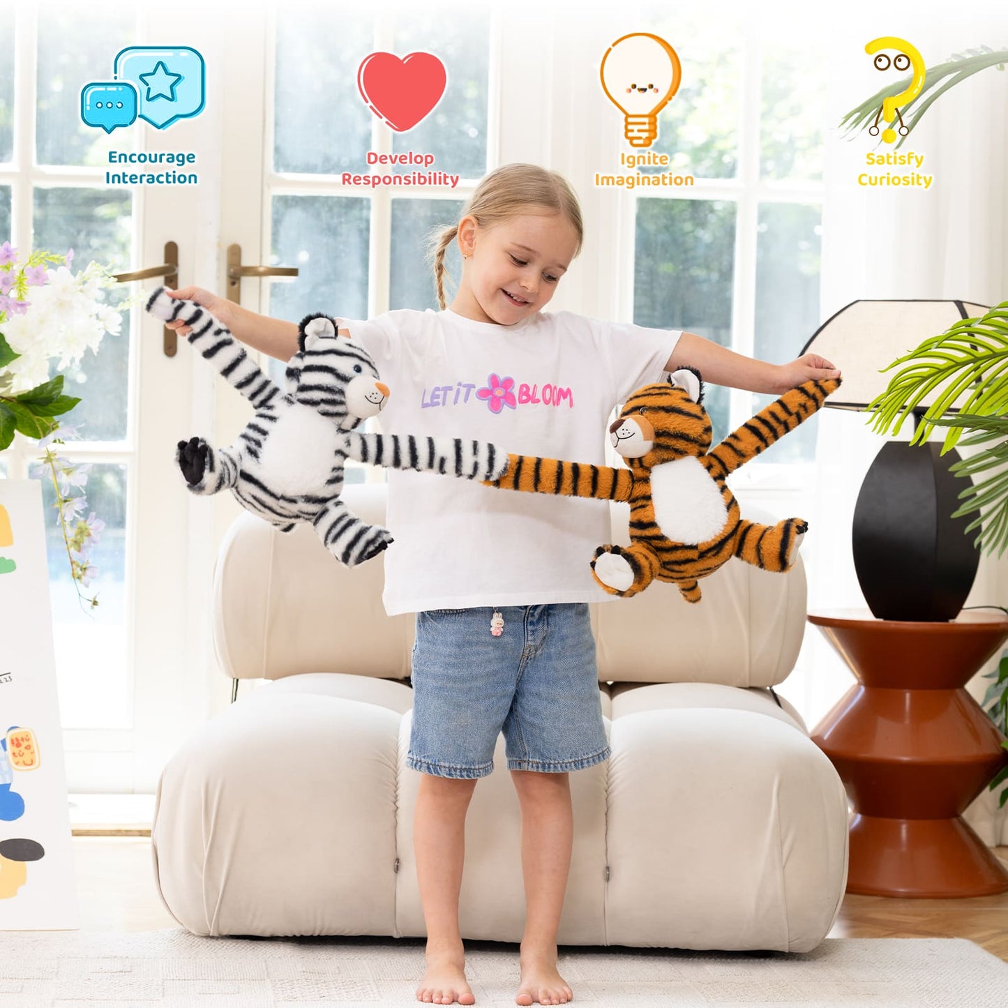 Child holding two plush toys in a bright living room with educational icons above.