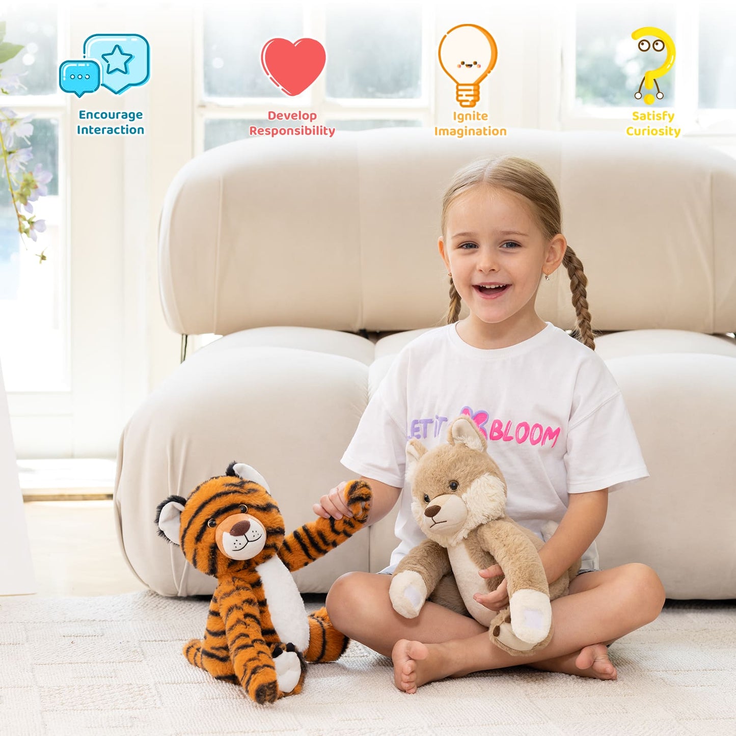 Two Hugging Stuffed Animals with Paw Hook and Loop, 12.2 Inches