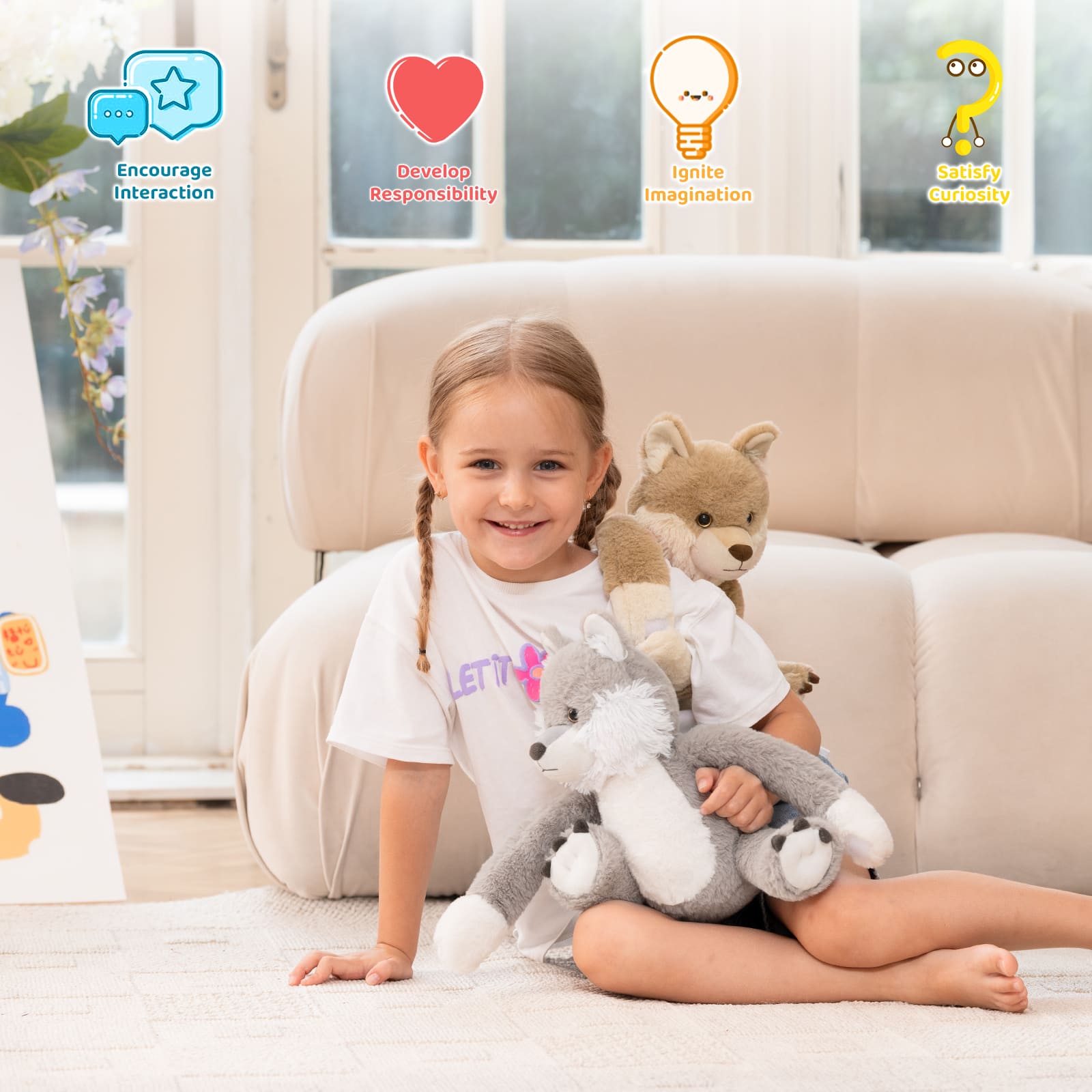 Two Hugging Stuffed Animals with Paw Hook and Loop, 12.2 Inches
