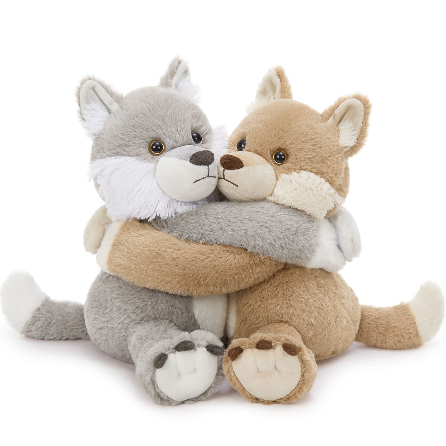 Two plush wolf toys hugging each other on a white background