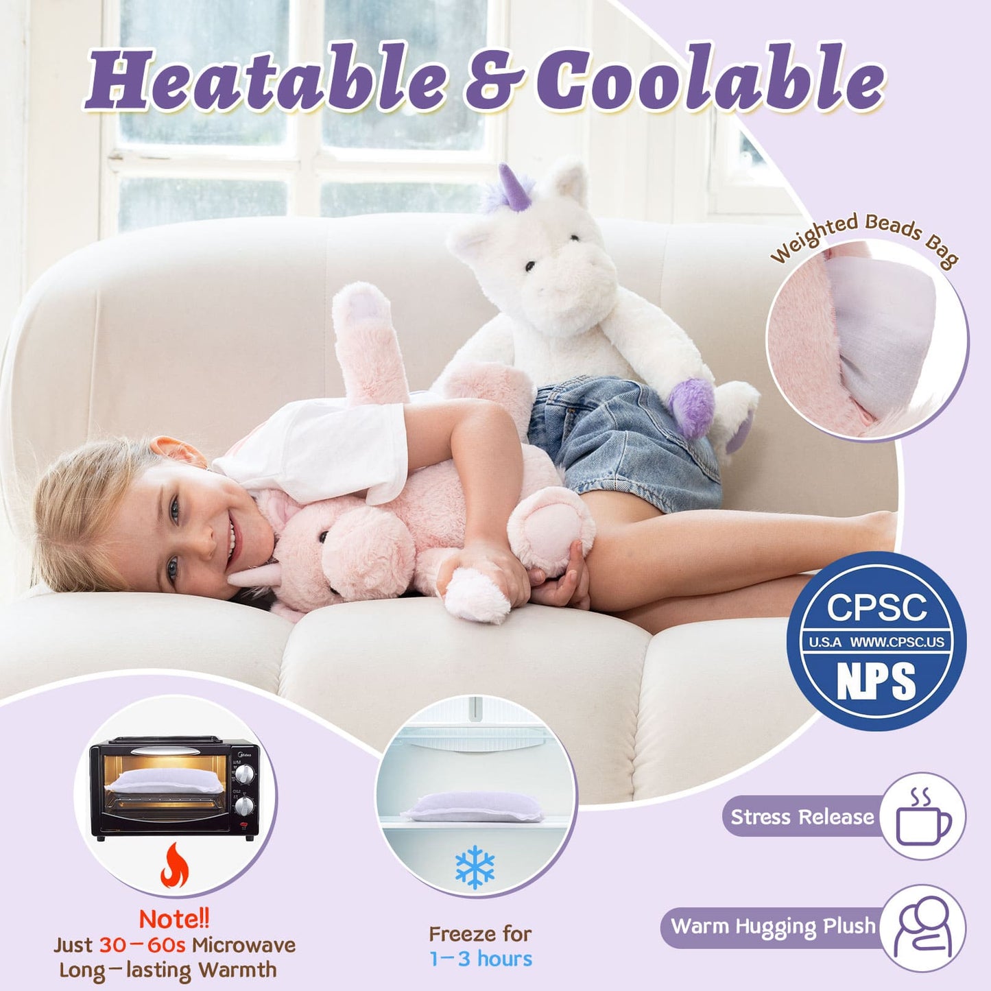 Child lying on a couch with a plush unicorn toy, surrounded by text and icons indicating product features.