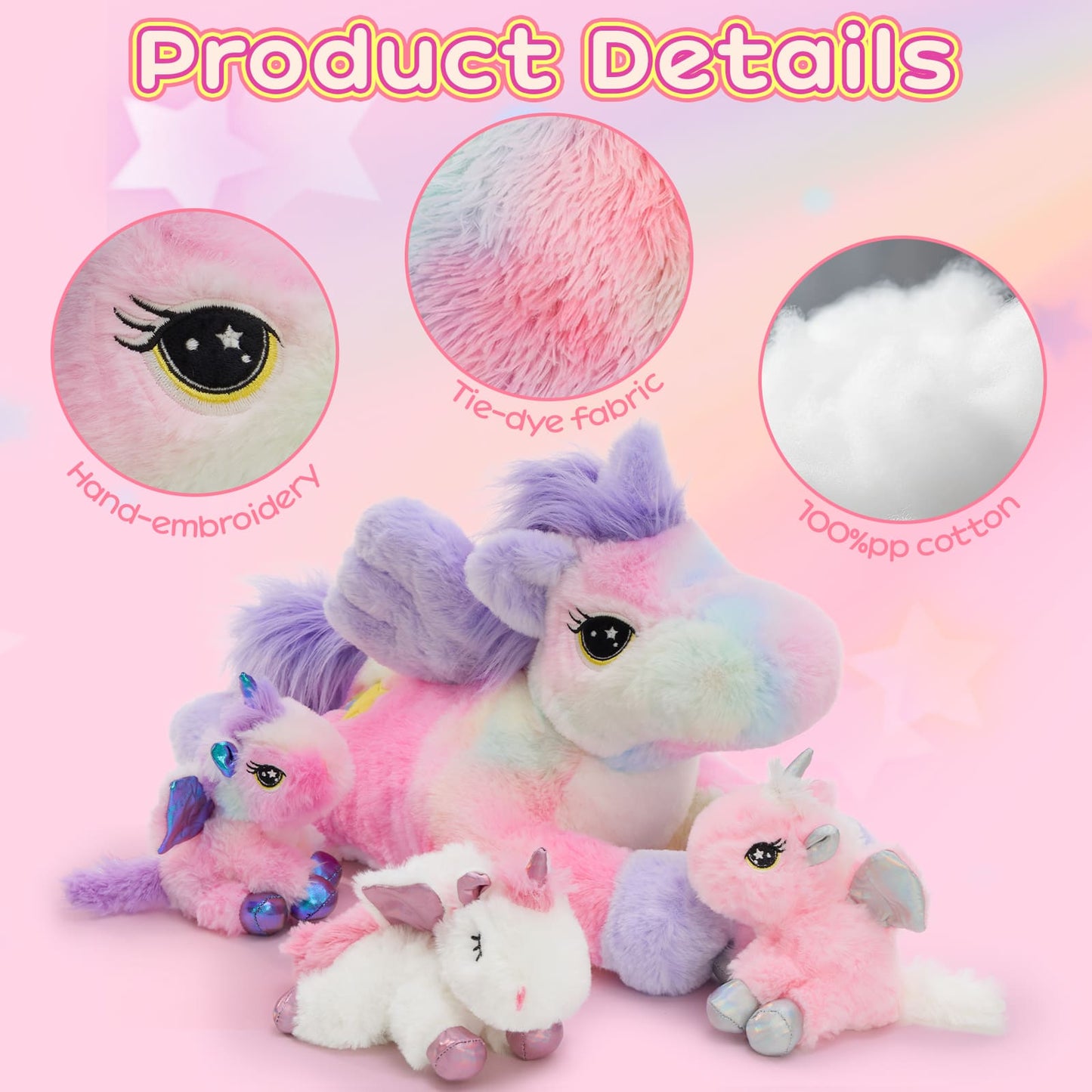 Light night unicorn plush toy set with glowing eyes and star, soft pastel rainbow stuffed unicorns, cute plush unicorn gift for kids and girls