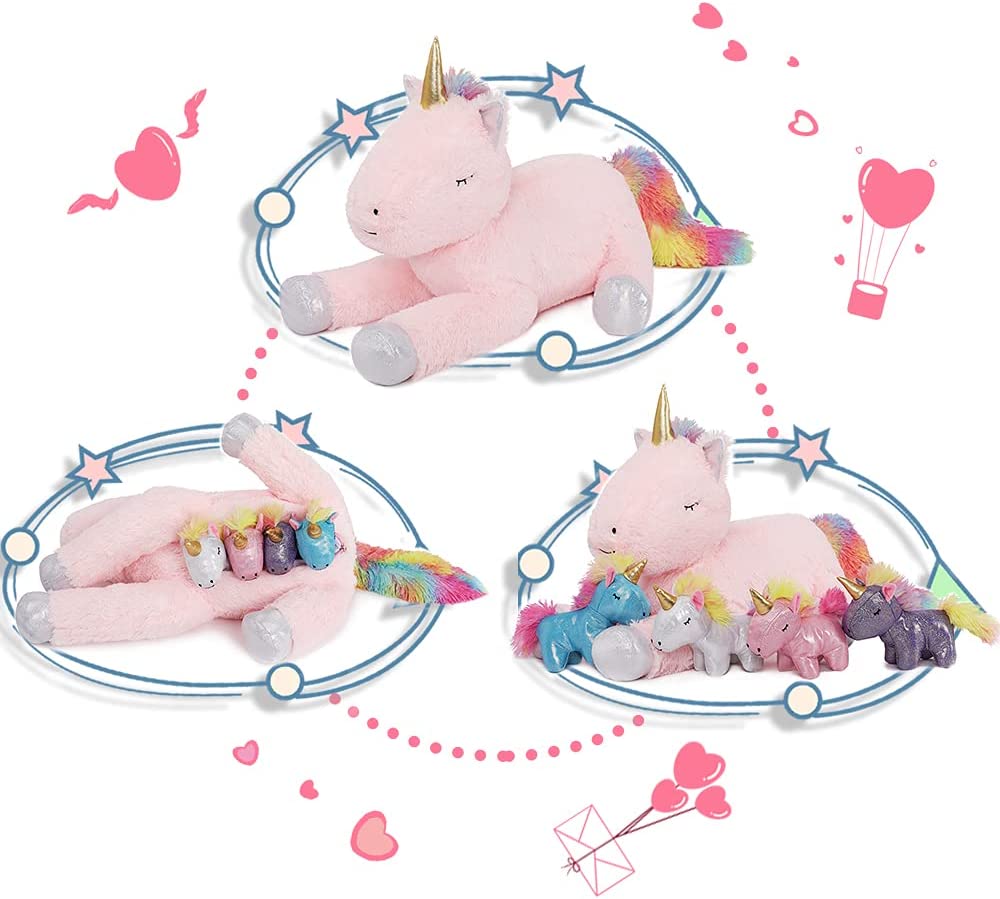 Unicorn Mom with Baby Plushies, White/Green/Pink/Beige, 24 Inches