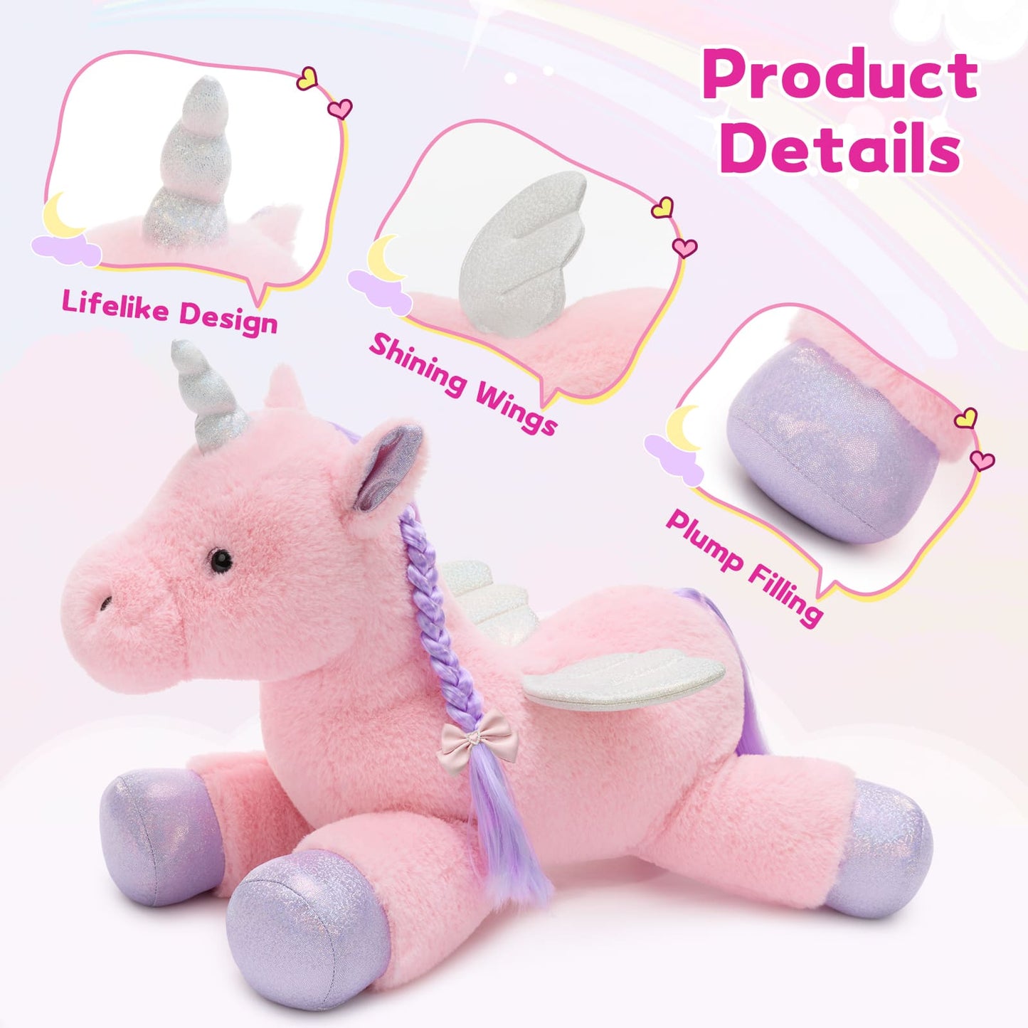 Plush unicorn stuffed animal with three small baby plush toys inside its belly, soft and colorful, perfect for kids and gifts