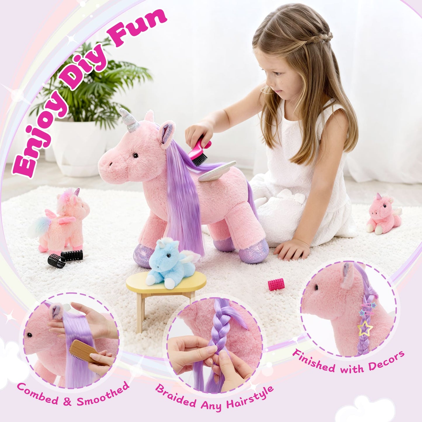 Plush unicorn stuffed animal with three small baby plush toys inside its belly, soft and colorful, perfect for kids and gifts