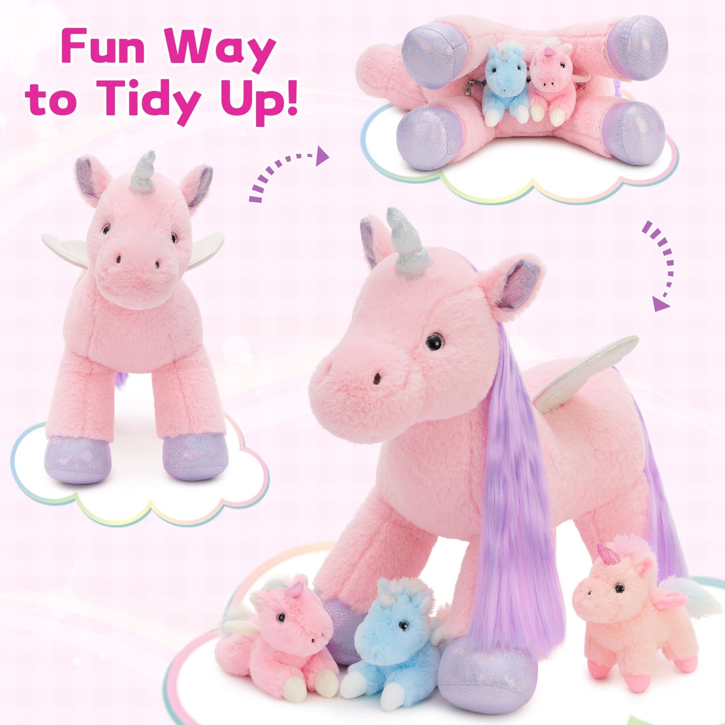Plush unicorn stuffed animal with three small baby plush toys inside its belly, soft and colorful, perfect for kids and gifts