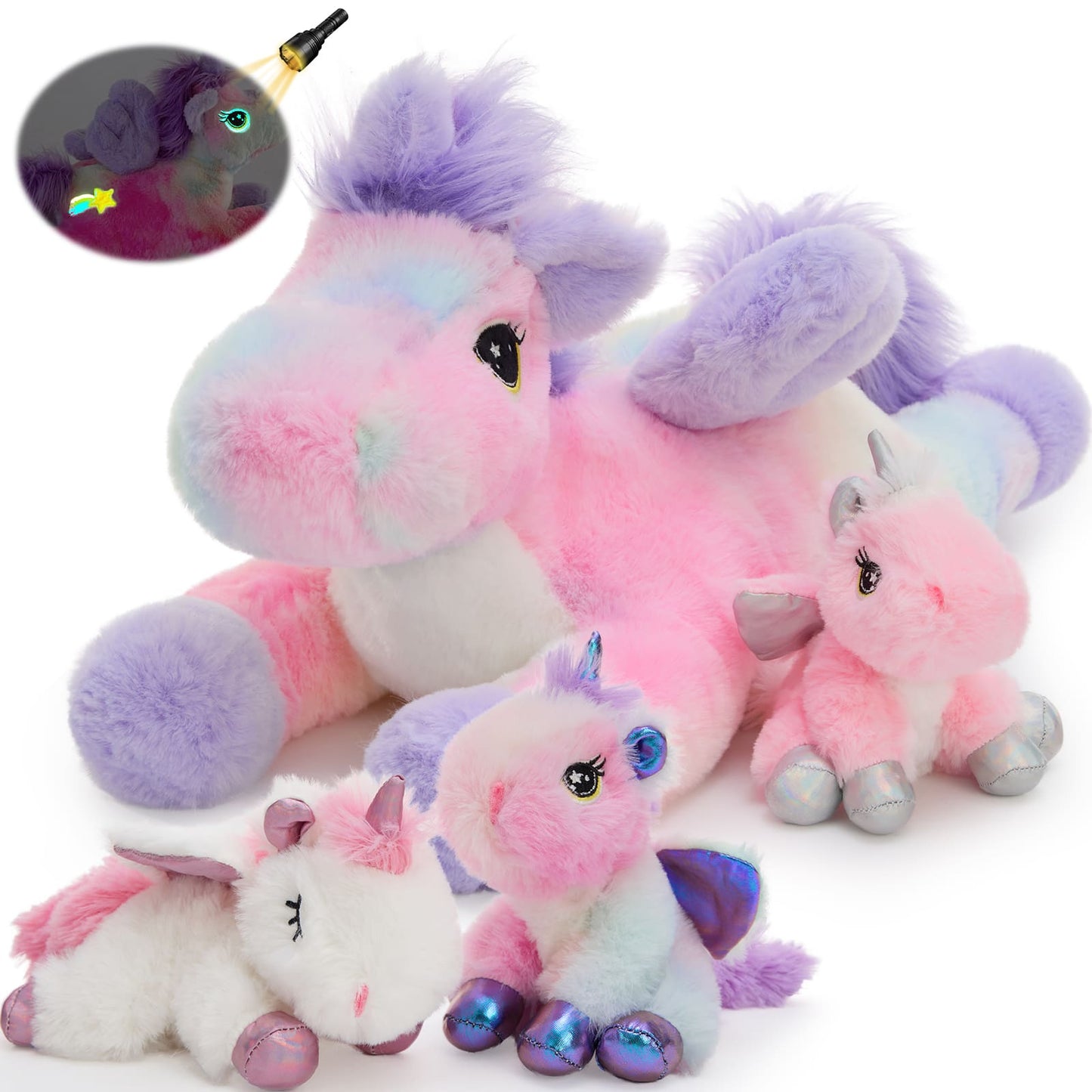 Light night unicorn plush toy set with glowing eyes and star, soft pastel rainbow stuffed unicorns, cute plush unicorn gift for kids and girls