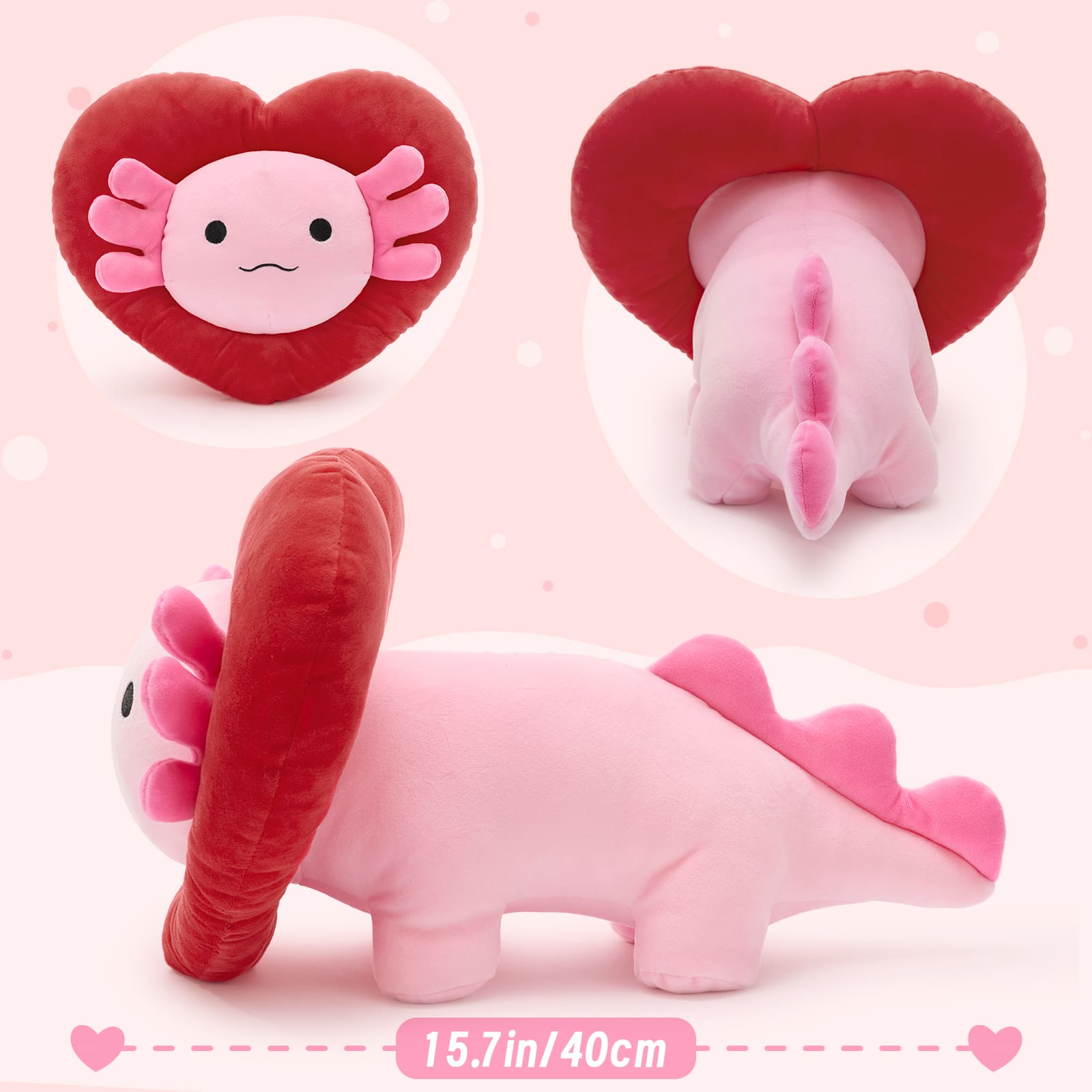 Valentine's Axolotl Plush Toy with Heart-Shaped Hood, 16 Inches