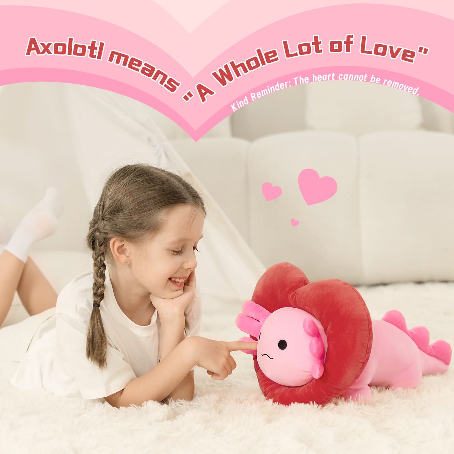 Valentine's Axolotl Plush with Heart-Shaped Hood, Squishy and Soft Salamander Stuffed Animal Throw Pillow,16"