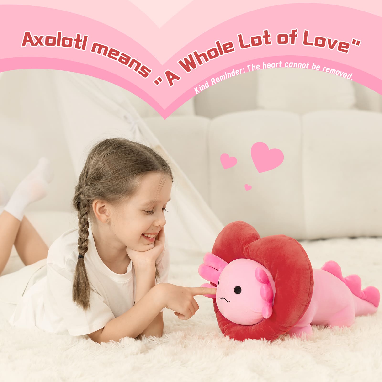 Valentine's Axolotl Plush Toy with Heart-Shaped Hood, 16 Inches