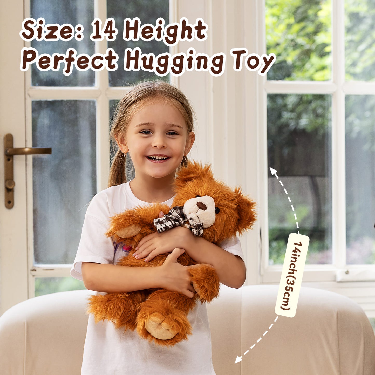 14-Inch Brown Plush Teddy Bear with A Checkered Bow Tie