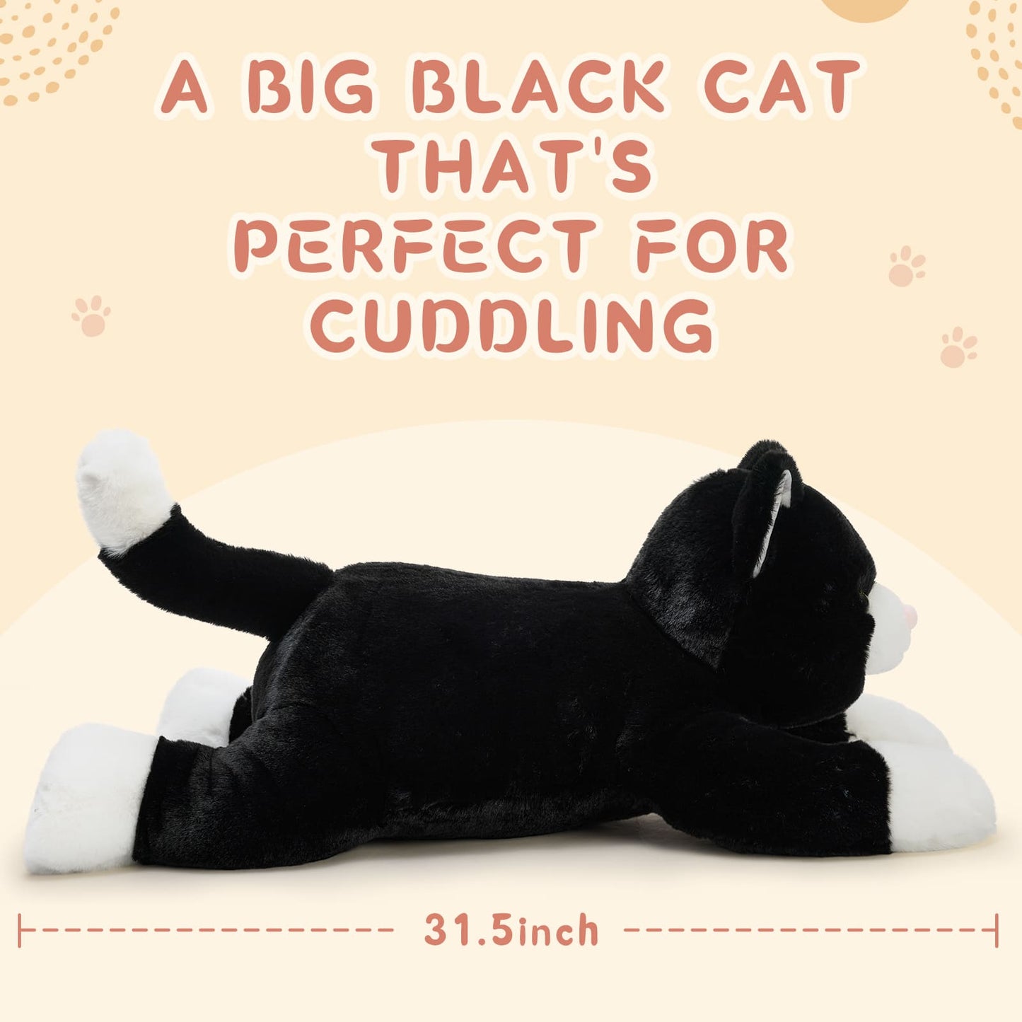 Soft 31-inch black cat plush toy with white paws and pink nose, lying down in a relaxed position, weighted stuffed animal for cuddling and comfort.
