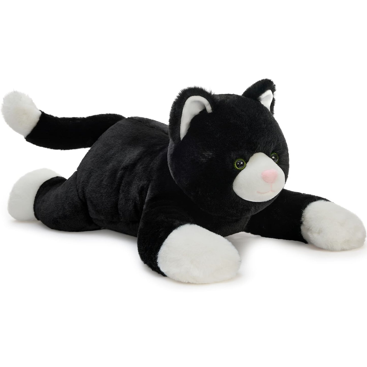 Soft 31-inch black cat plush toy with white paws and pink nose, lying down in a relaxed position, weighted stuffed animal for cuddling and comfort.