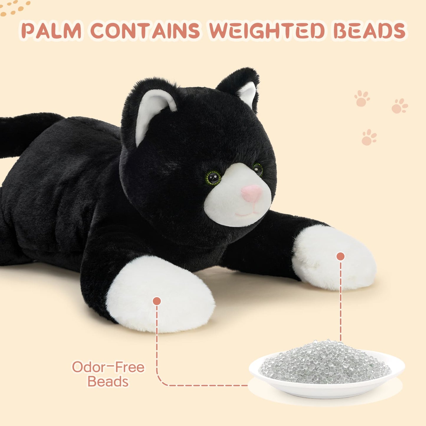 Soft 31-inch black cat plush toy with white paws and pink nose, lying down in a relaxed position, weighted stuffed animal for cuddling and comfort.