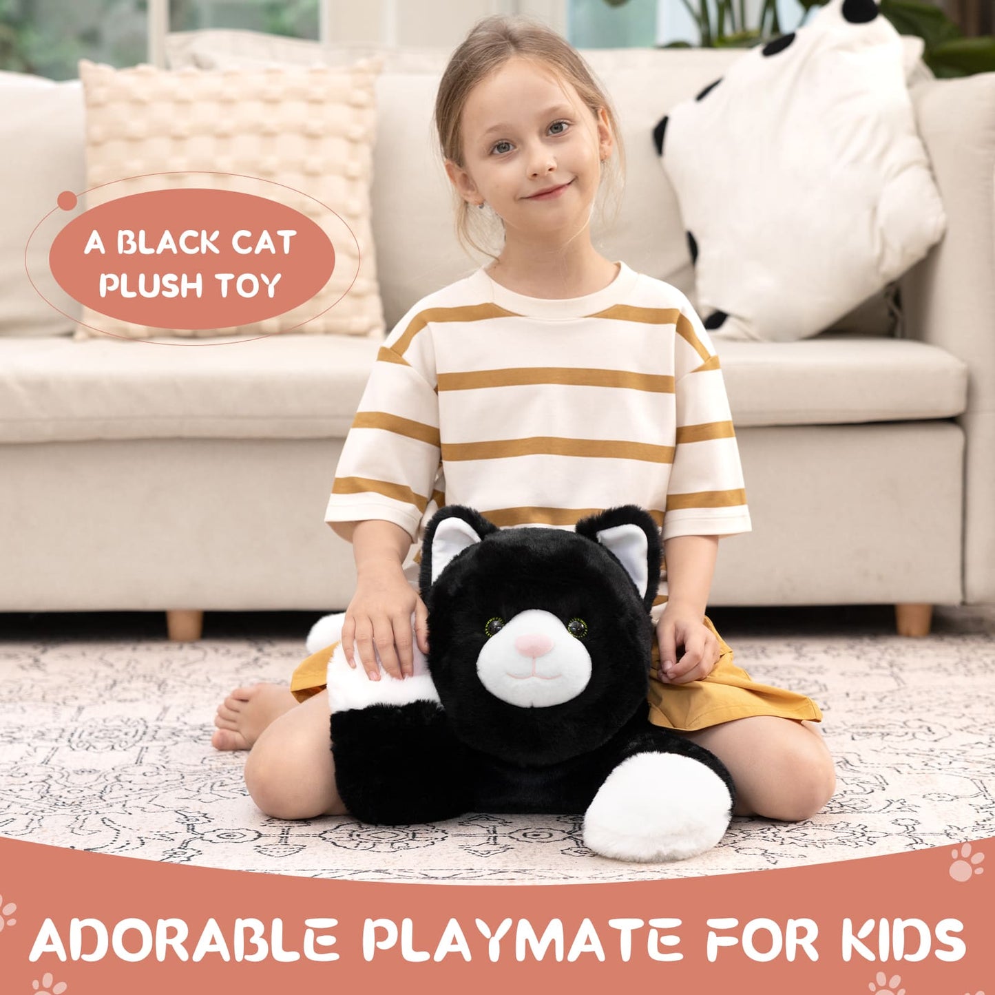 Soft 31-inch black cat plush toy with white paws and pink nose, lying down in a relaxed position, weighted stuffed animal for cuddling and comfort.