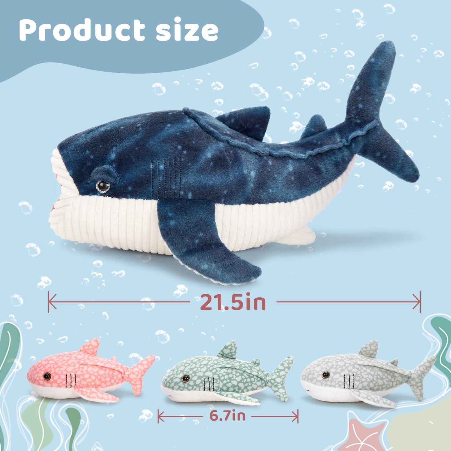 Whale Shark Stuffed Animal with 3 Detachable Babies, 21.5" Soft Plush Shark Ocean Animal Stuffed Toys Marine Life Plushie Shark Gift for Kids, Boys, Girls