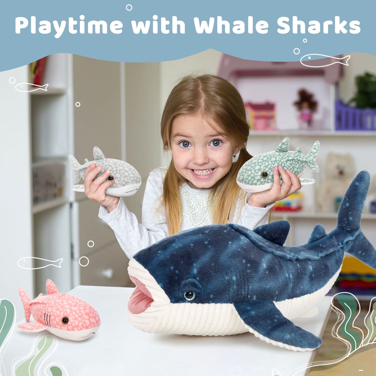 Whale Shark Stuffed Animal with 3 Detachable Babies, 21.5" Soft Plush Shark Ocean Animal Stuffed Toys Marine Life Plushie Shark Gift for Kids, Boys, Girls