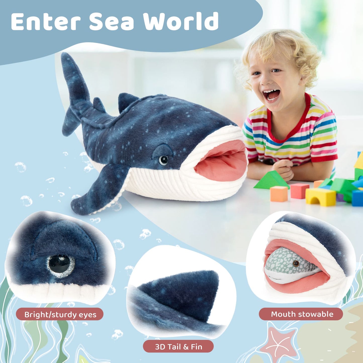 Whale Shark Stuffed Animal with 3 Detachable Babies, 21.5" Soft Plush Shark Ocean Animal Stuffed Toys Marine Life Plushie Shark Gift for Kids, Boys, Girls