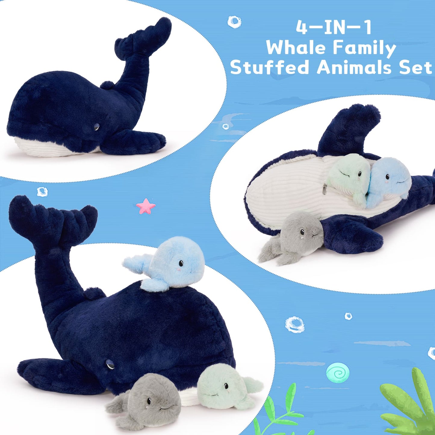 MorisMos Blue Whale Plush Toy Stuffed Animals Bulk for Kids, 20 Inch Giant Stuffed Whale Mommy with 3 Babies Inside - Under The Sea Party Favors Christmas Valentine's Day Birthday Gift