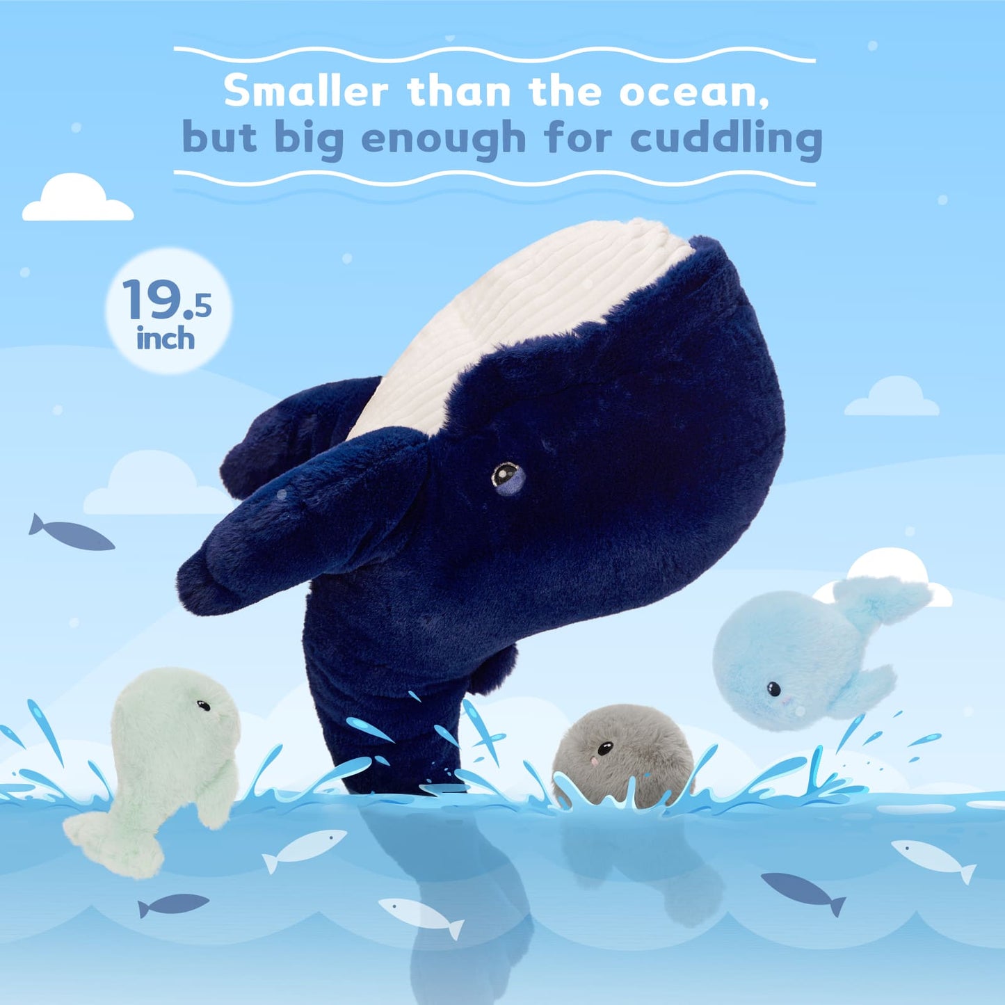 MorisMos Blue Whale Plush Toy Stuffed Animals Bulk for Kids, 20 Inch Giant Stuffed Whale Mommy with 3 Babies Inside - Under The Sea Party Favors Christmas Valentine's Day Birthday Gift