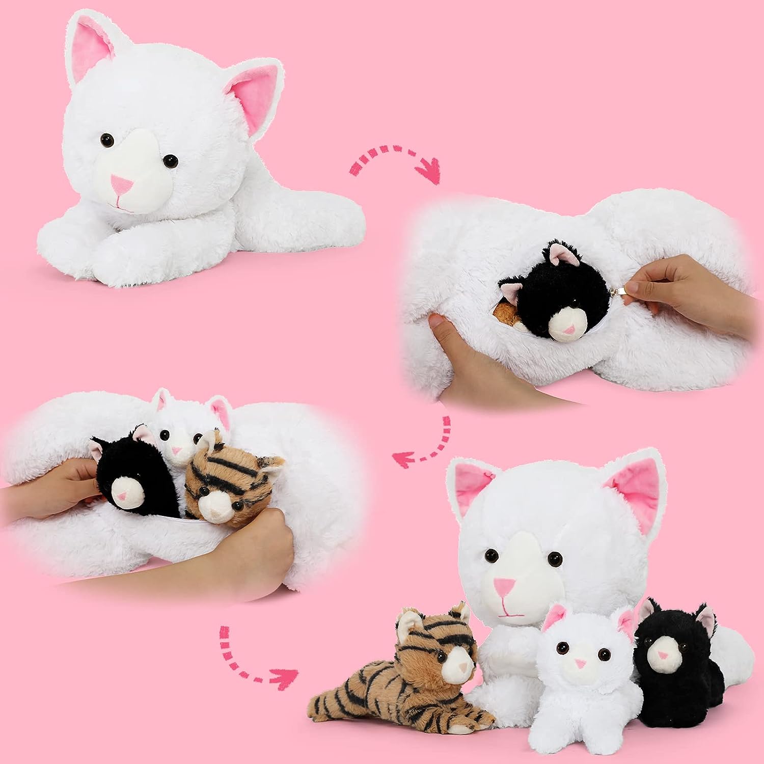 White Cat Stuffed Animals with Three Kittens, 23.6 Inches