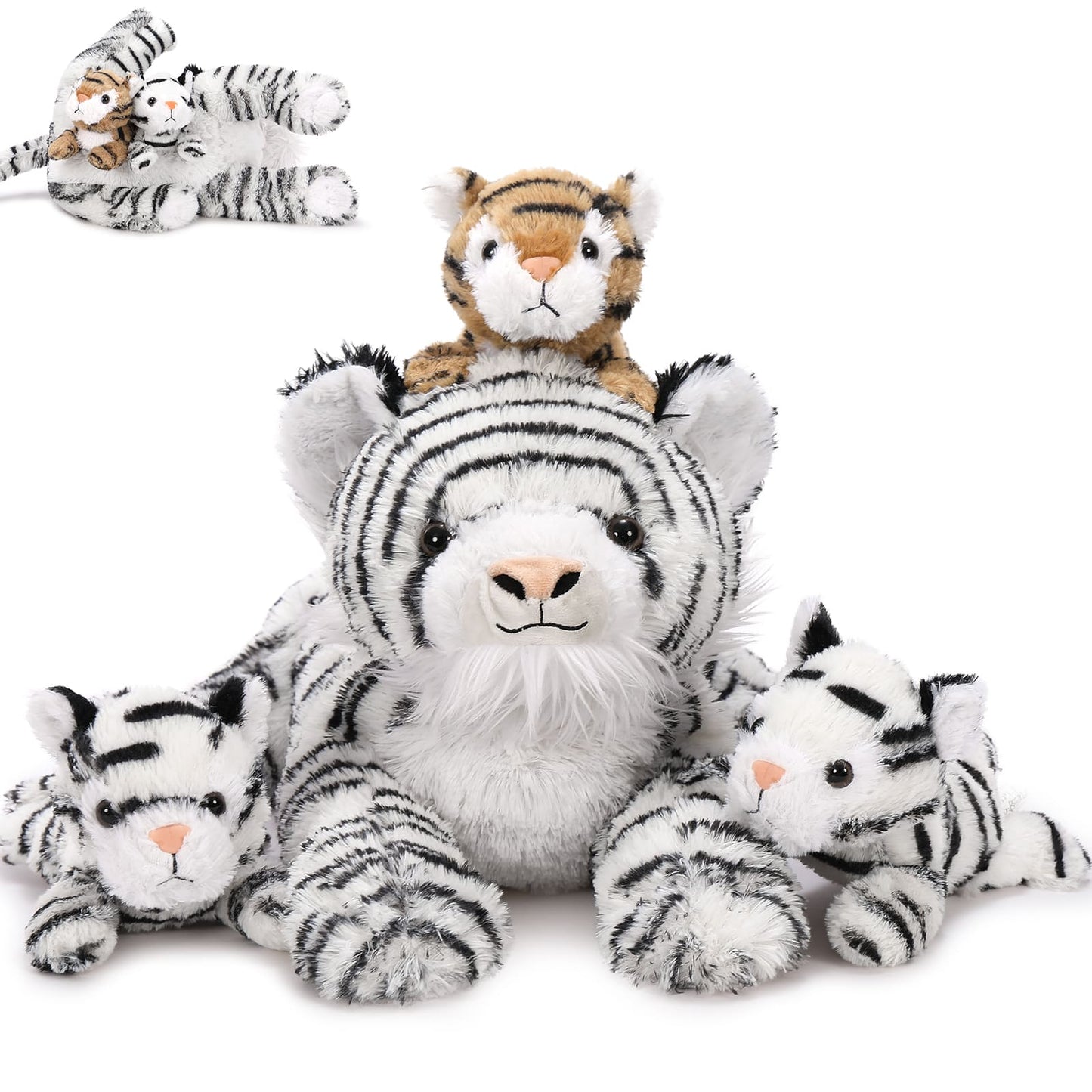 MorisMos White Tiger Stuffed Animals, Stuffed Mommy Tiger with 3 Cubs, 4 PCs Large Tiger Plush Toy Set for Boys Girls, Birthday Gift 17 inches