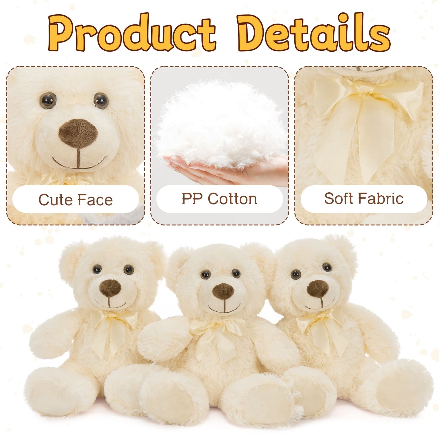 Peluches ours en peluche 3 pièces, beige, 13,8 pouces