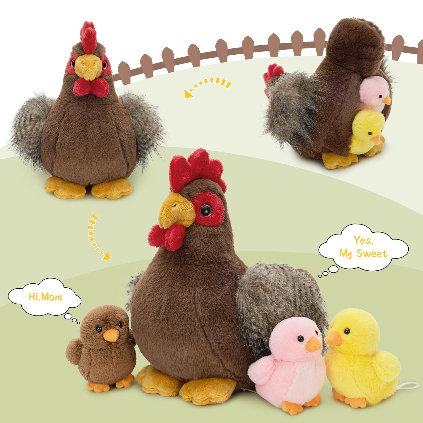 Lifelike Chicken Stuffed Animals with Three Babies Inside - Wind Up Plush Toys for Children - Farm Themed Party Favors & Gifts - Free Shipping Worldwide