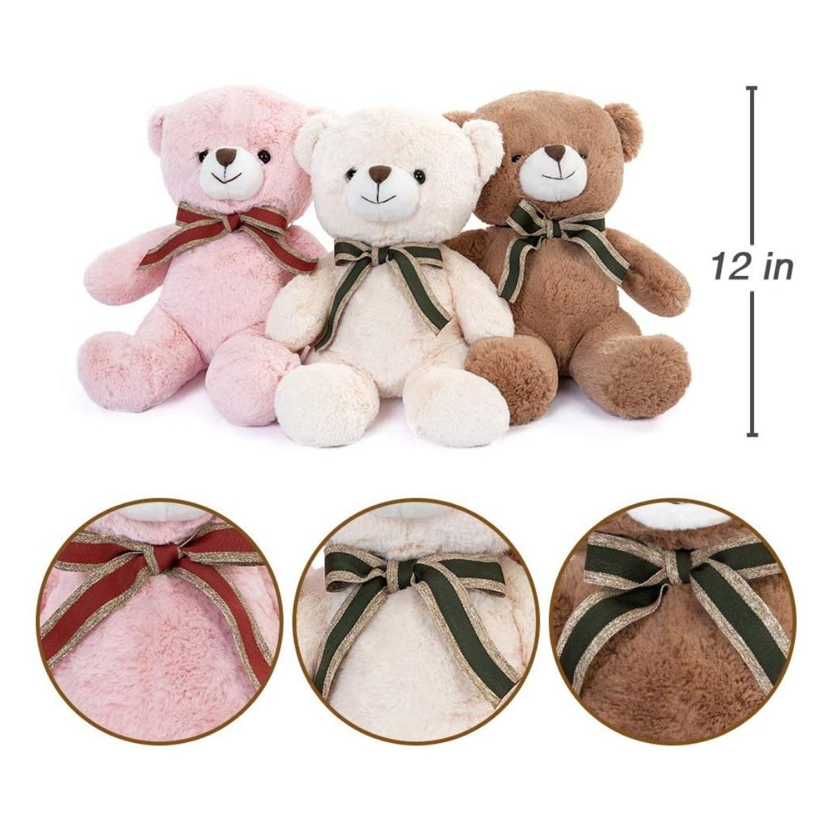 Paquet de 3 peluches ours en peluche, 12'', blanc/marron/rose