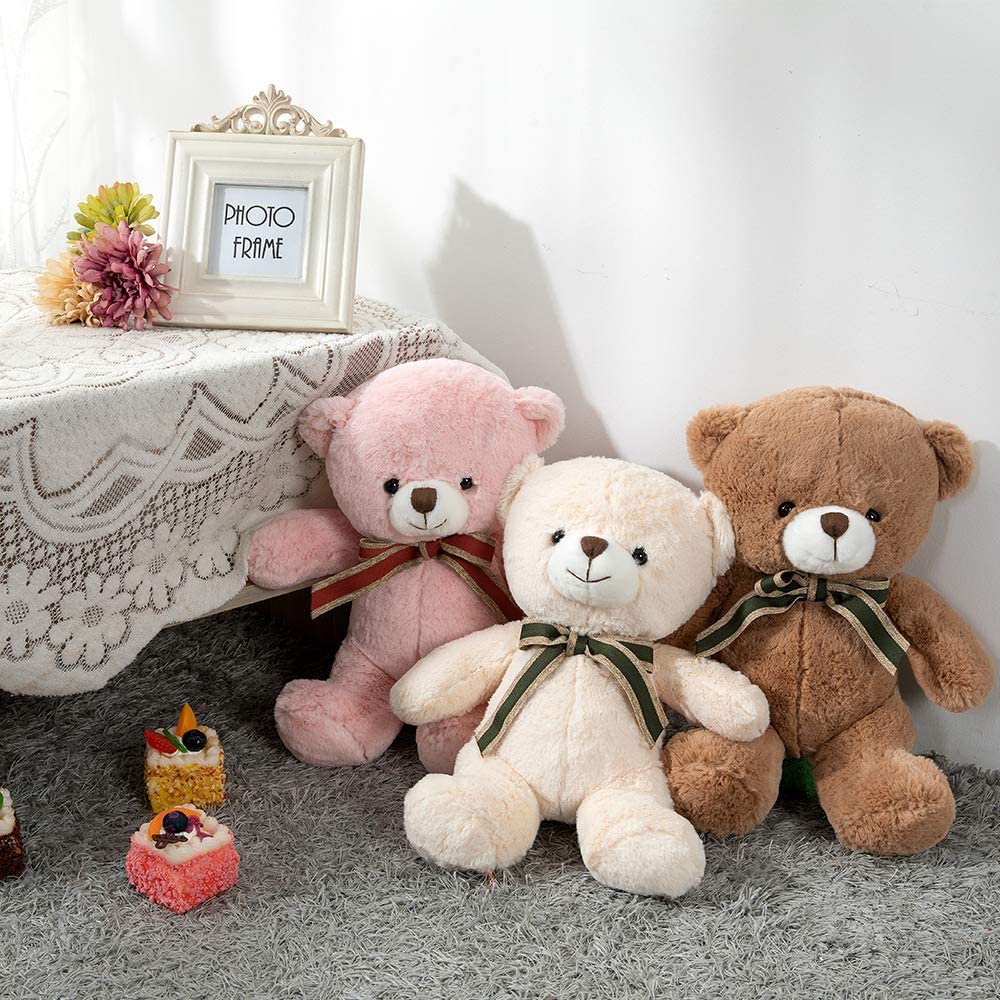 Paquet de 3 peluches ours en peluche, 12'', blanc/marron/rose